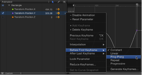 Figure. Keyframe Editor inset showing Before First Keyframe submenu of Animation menu.