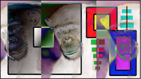 Canvas showing the boxes and the monkey blended using the Difference mode