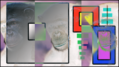 Canvas showing the boxes and the monkey blended using the Exclusion mode