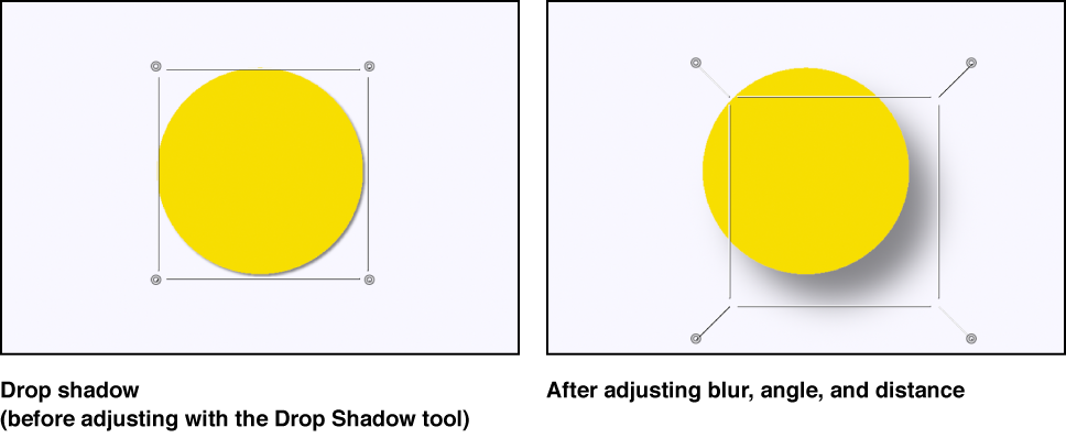 Canvas showing an object before its drop shadow is adjusted and the object as its drop shadow is being manipulated
