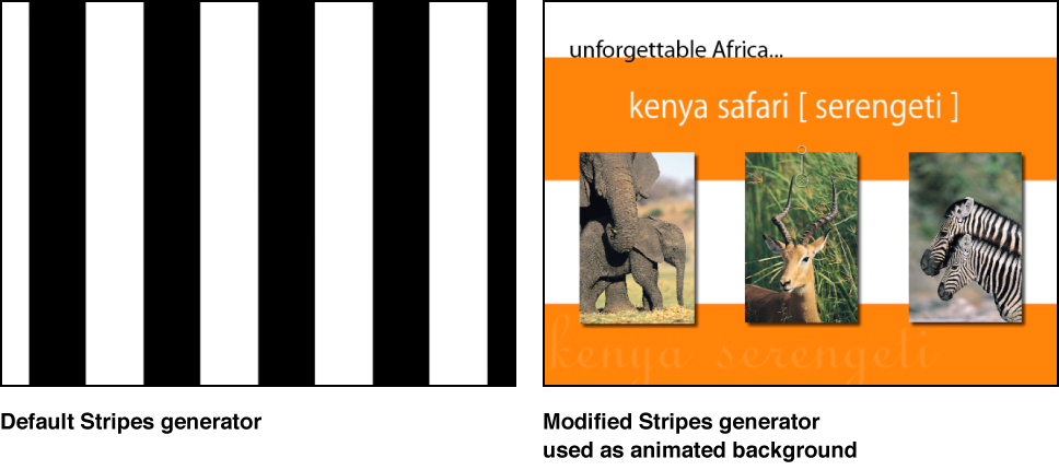 Canvas showing Stripes generator alone and used as part of a composition