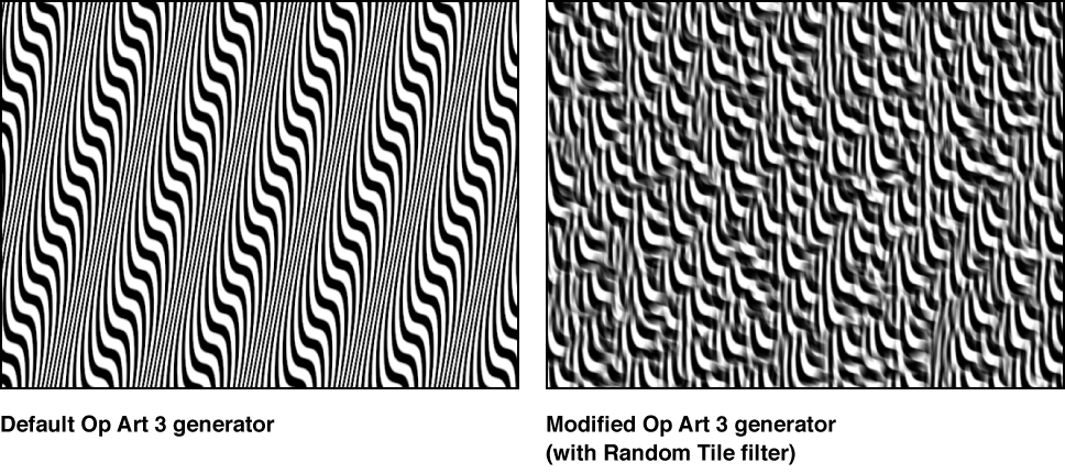 Canvas showing Op Art 3 generator alone and with Random Tile filter applied
