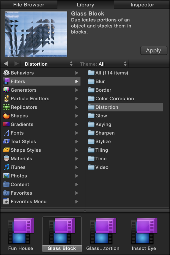Library showing Filters categories