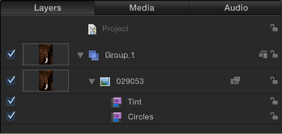 Layers list showing filters applied to an object