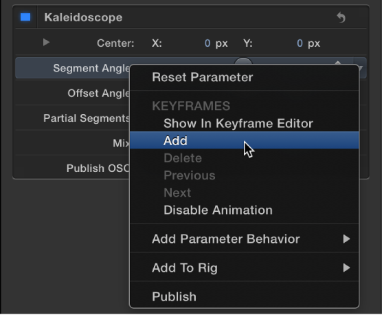 Choosing Add from the Animation menu for a filter parameter