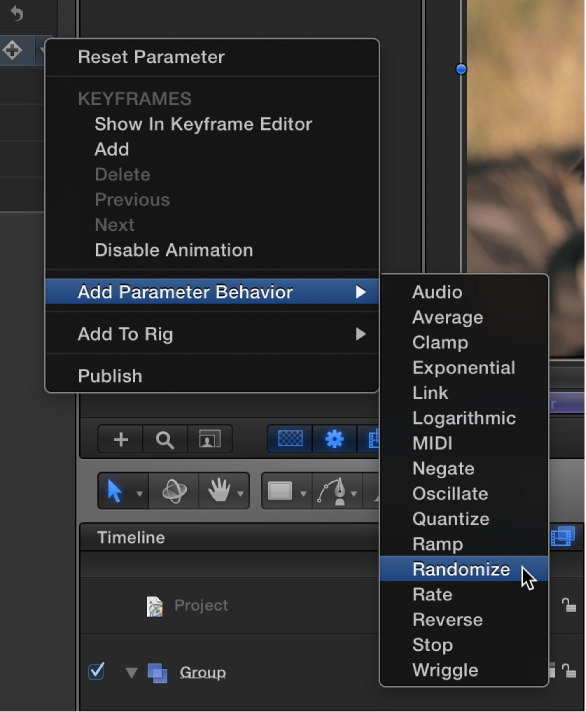 Behavior shortcut menu for a filter parameter