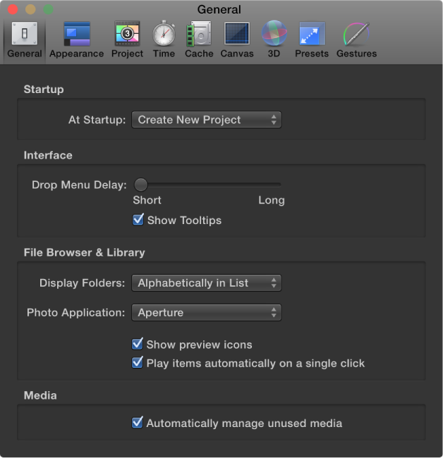 Motion Preferences window showing General pane