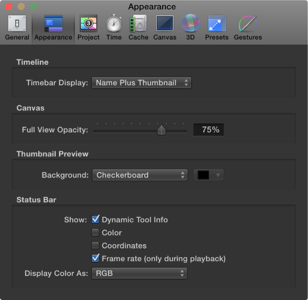 Motion Preferences window showing Appearance pane