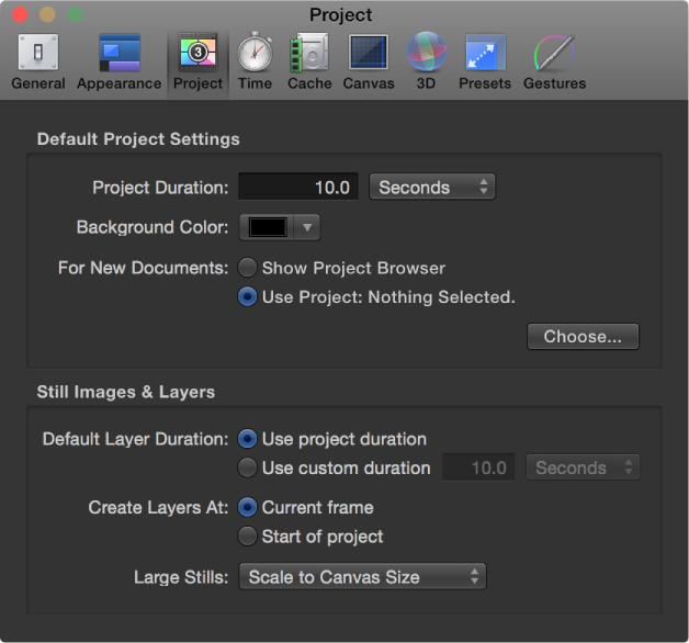 Motion Preferences window showing Project pane