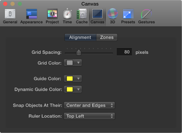 Motion Preferences window showing Canvas Alignment pane