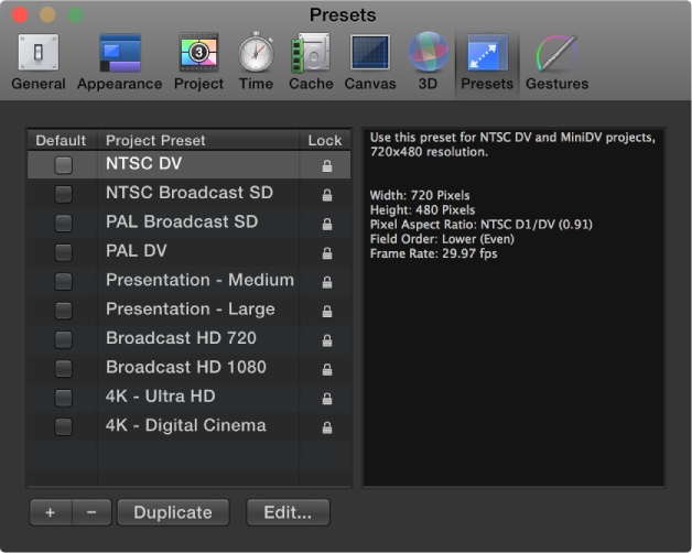 Preferences window showing Presets pane