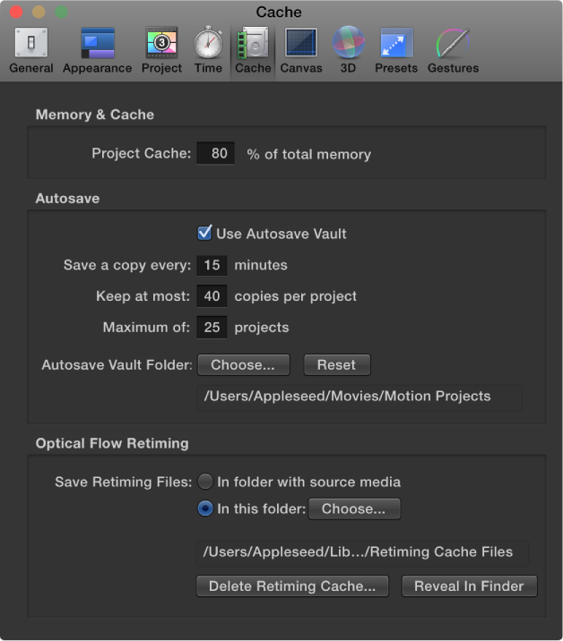 Motion Preferences window showing Cache pane