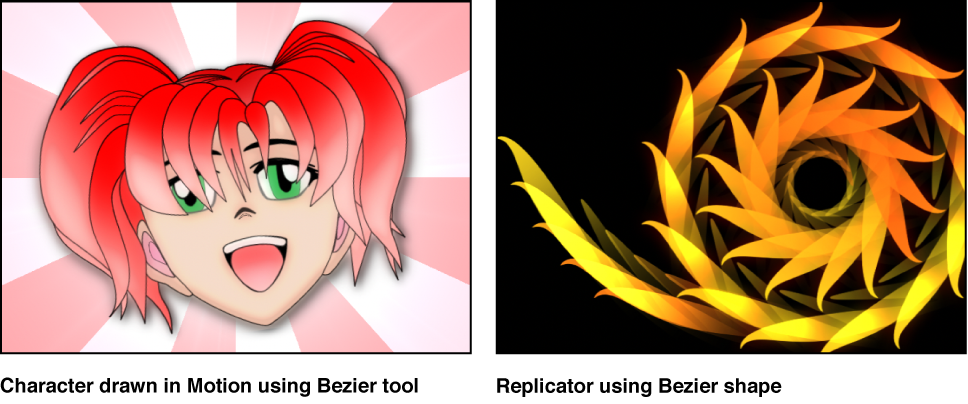 Examples: character drawn using Bezier tool; Replicator created using Bezier shape