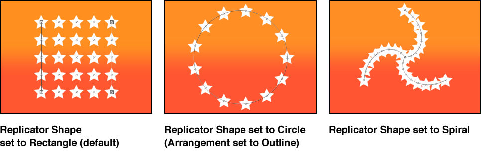 Canvas showing three different replicator shape options