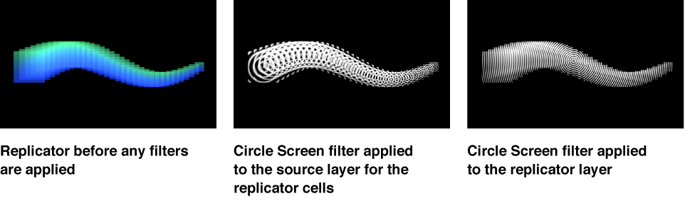 Canvas comparing replicators with filter applied to the source cell layer versus the replicator later