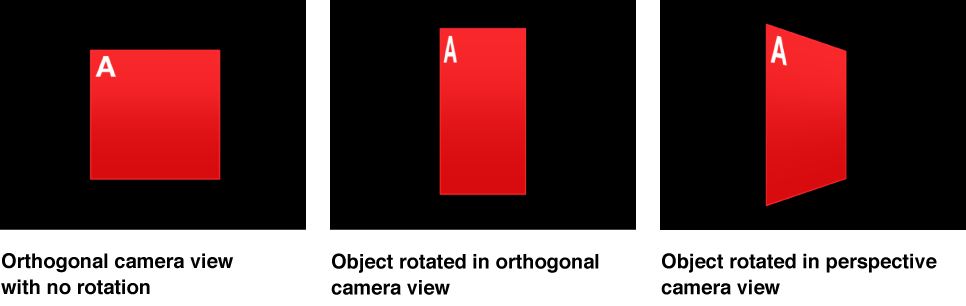 Canvas showing object with no rotation, rotated in orthogonal camera view, and in perspective camera view