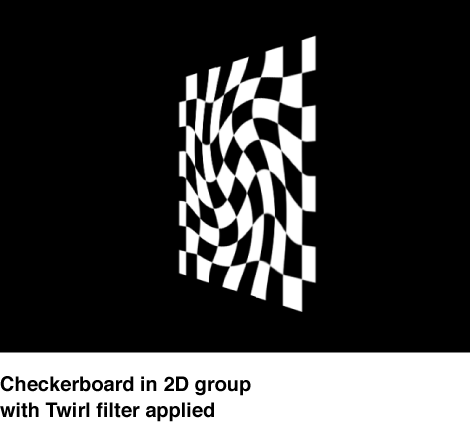 Canvas showing Checkerboard in a 2D group with a Twirl filter applied