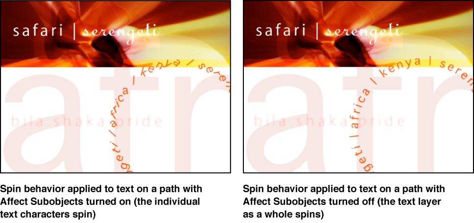 Canvas showing effect of Affect Subobjects setting: When the setting is on, individual letters spin; when it is off, the text layer as a whole spins