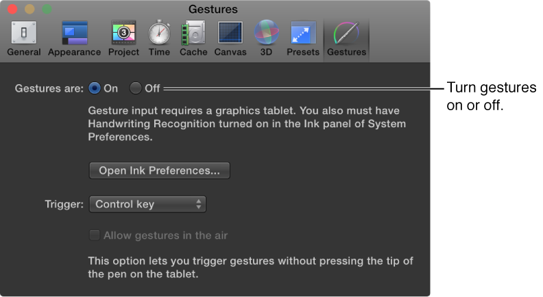 Motion preferences window showing Gestures pane