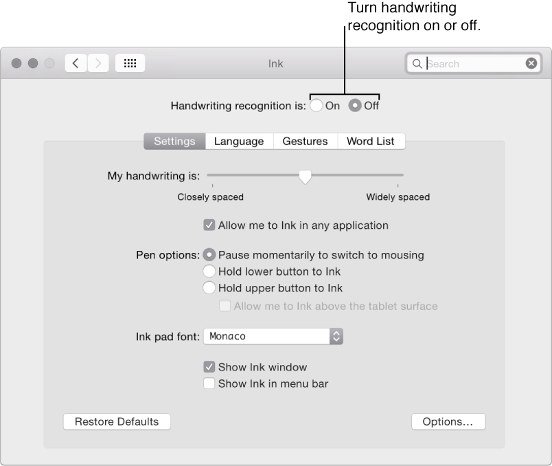  Ink Preferences window
