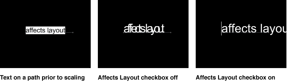 Canvas showing text with text prior to scaling, then scaled with the Affects Layout checkbox selected and deselected