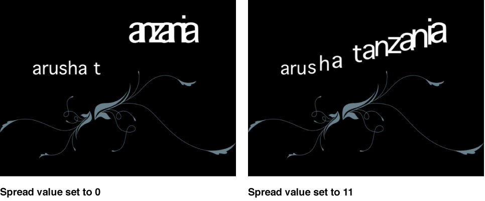 Comparison: Sequence Text behavior with Spread value set to 0, and then set to 11