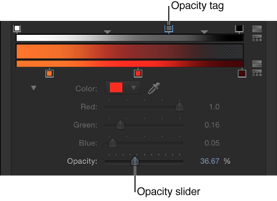 Gradient editor showing opacity tag and Opacity controls