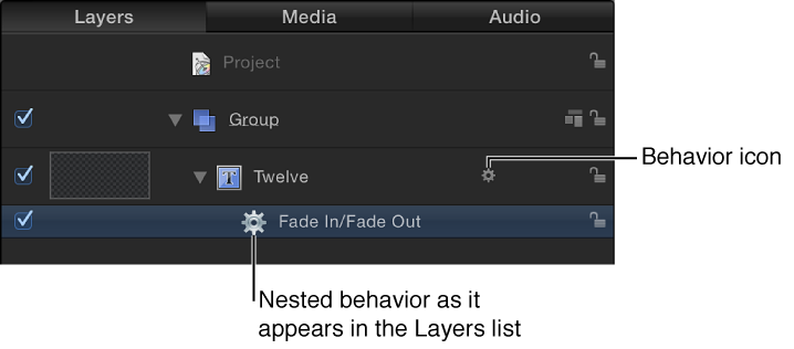 Layers list showing behaviors applied to an object