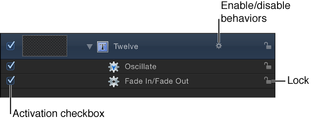 Layers list showing applied behaviors, their activation checkboxes and lock icons, and a behavior icon to enable or disable behaviors