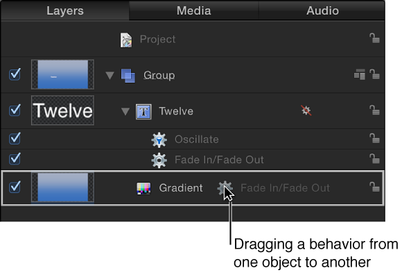Layers list showing a behavior being dragged from one object to another