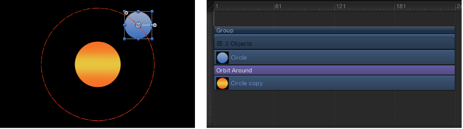 Canvas and Timeline showing how behavior duration affects length of behavior bar