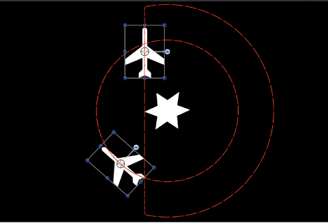 Canvas showing animation path when Clamp behavior is applied to one of the orbiting objects