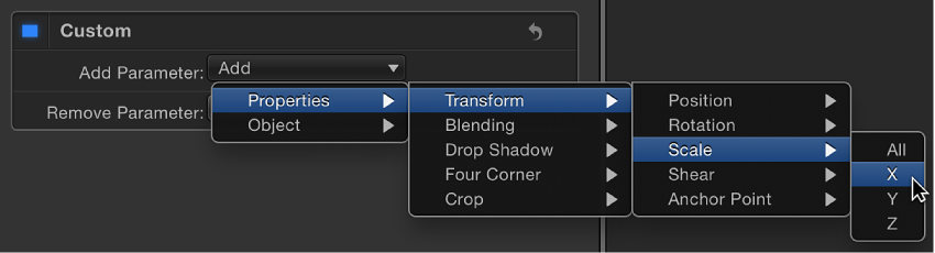 Behaviors Inspector showing parameter being added to the Custom behavior from Properties > Transform > Position submenu