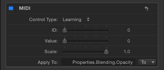 Behaviors Inspector showing Midi behavior settings