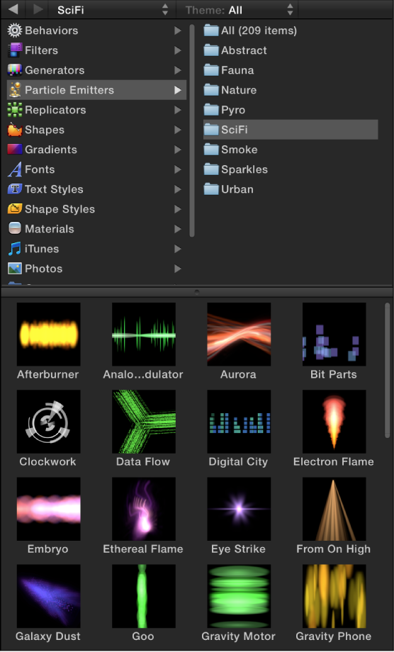 Library showing Particle Emitters categories