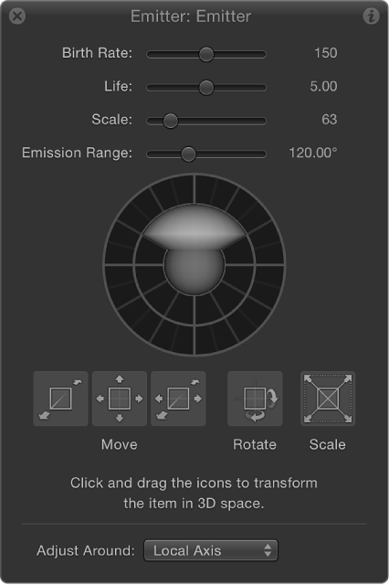 HUD showing emitter controls when Adjust 3D Transform tool is selected