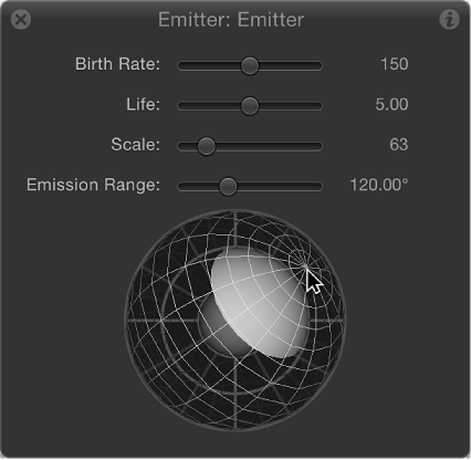 HUD showing 3D emission control sphere rotated and offset
