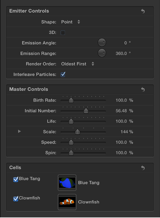 Emitter Inspector showing Master Controls section