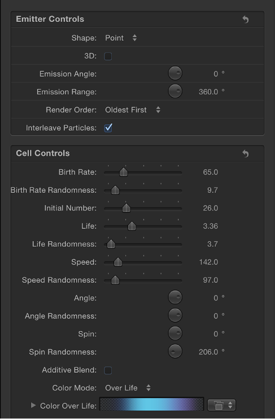 Emitter Inspector showing controls for a single-cell system and controls for a system with more than one cell