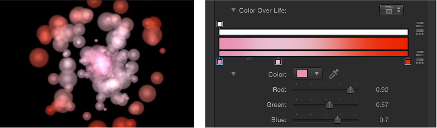 Canvas and Inspector showing particle system set to Over Life color mode and the gradient used to determine colors