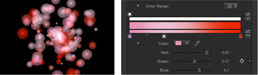 Canvas and Inspector showing particle system set to Pick From Color Range and the gradient used to determine colors