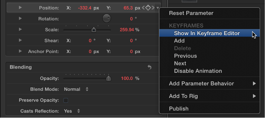 Inspector showing Show In Keyframe Editor command in Animation menu