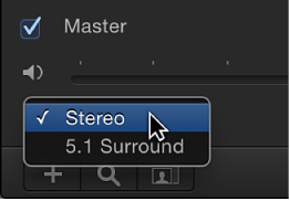 Audio list showing output channel pop-up menu in Master track area