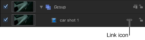 Layers list showing object with link icon, indicating that object is linked to an audio object