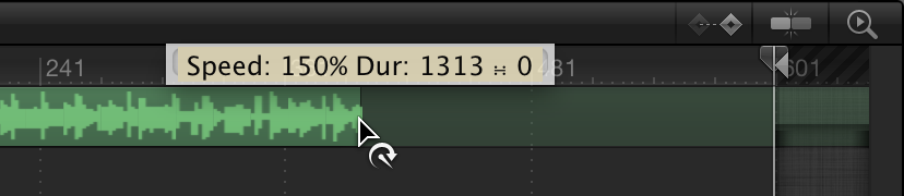 Timeline showing audio clip being shortened with retiming pointer