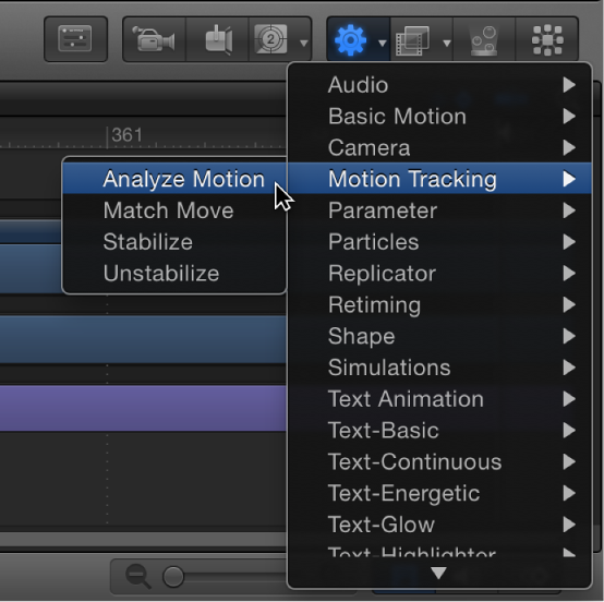 Toolbar showing Add Behaviors pop-up menu and Motion Tracking behaviors submenu