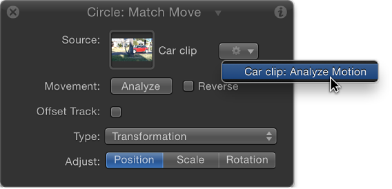 HUD showing Match Move behavior parameter with tracking behaviors pop-up menu active