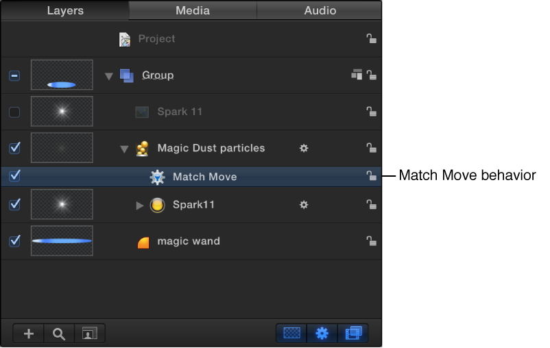 Layers list showing Match Move behavior applied to particle emitter