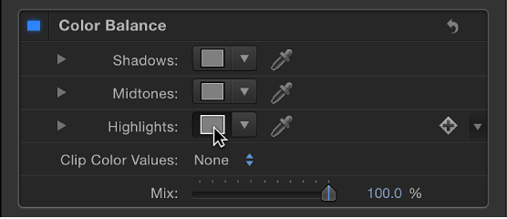 Clicking Highlights color well of Color Balance filter
