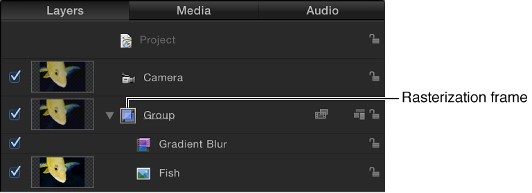 Layers list showing rasterization frame